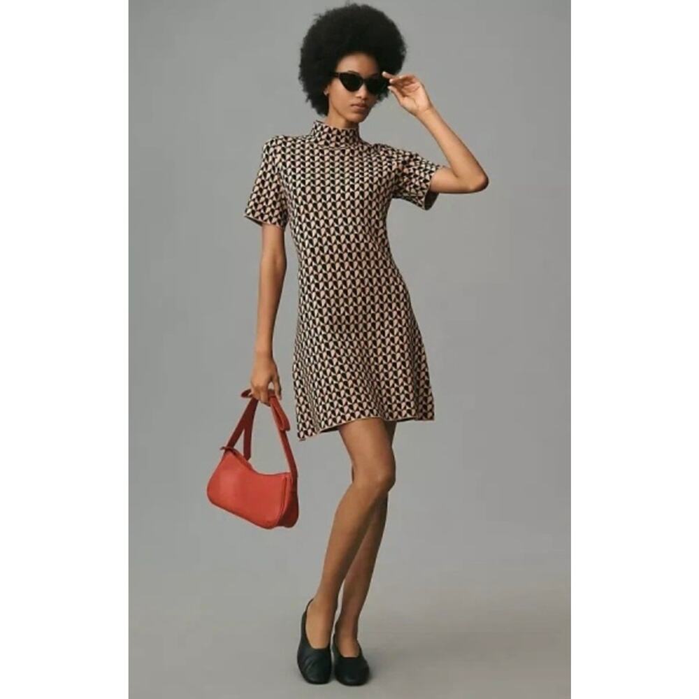 Anthropologie Nina Short Sleeve Mock Neck Mod Sweater Mini Dress XS Heart Print